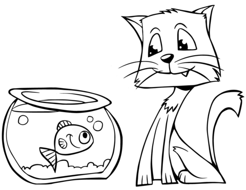 Cat And Fishbowl Coloring Page